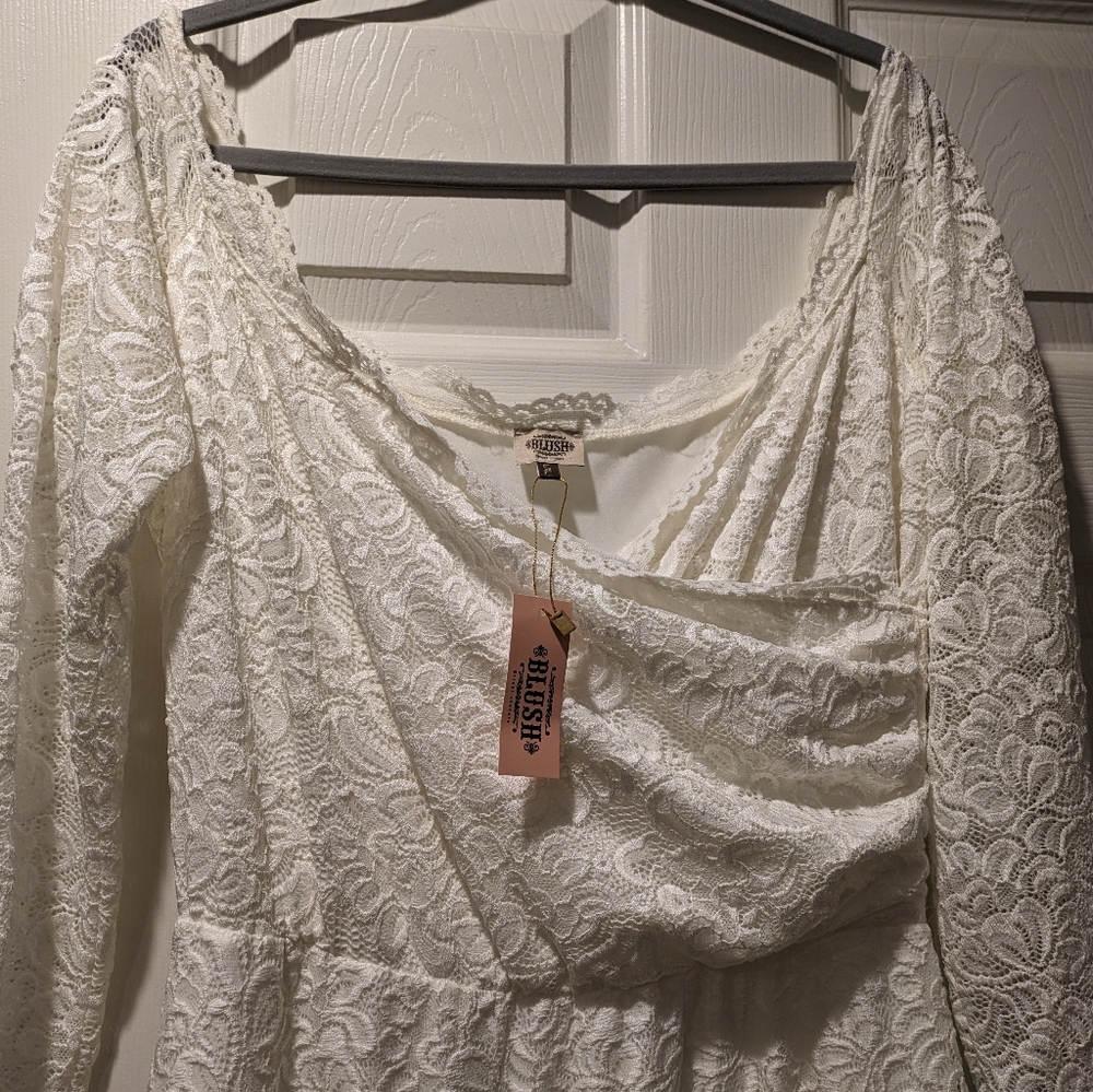 NWT Blush Couture Ivory Stretch Lace Long Sleeve Trumpet Wedding Gown Size L/XL - Picture 7 of 8